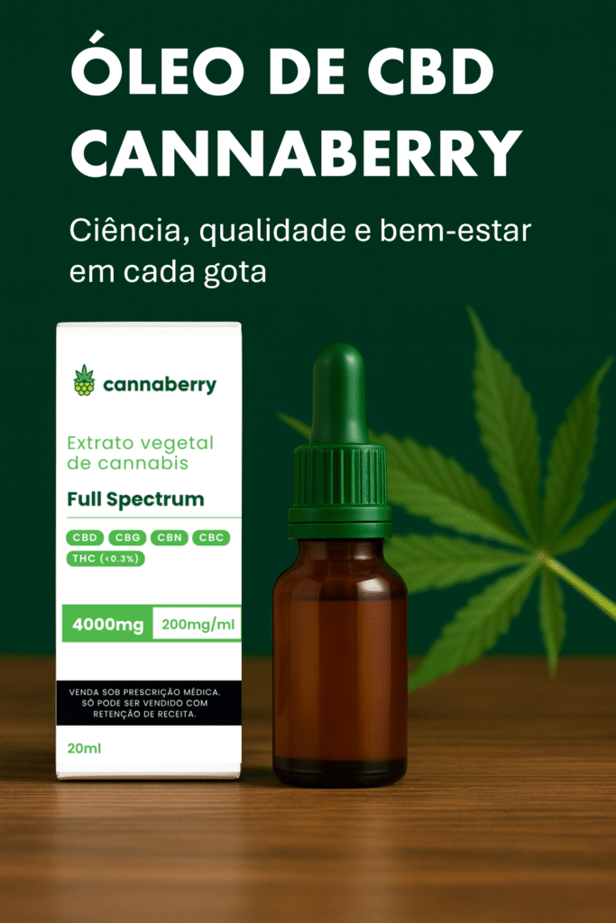 Frasco de óleo de CBD Cannaberry e embalagem ao lado, sobre superfície de madeira, com folha de cannabis ao fundo.