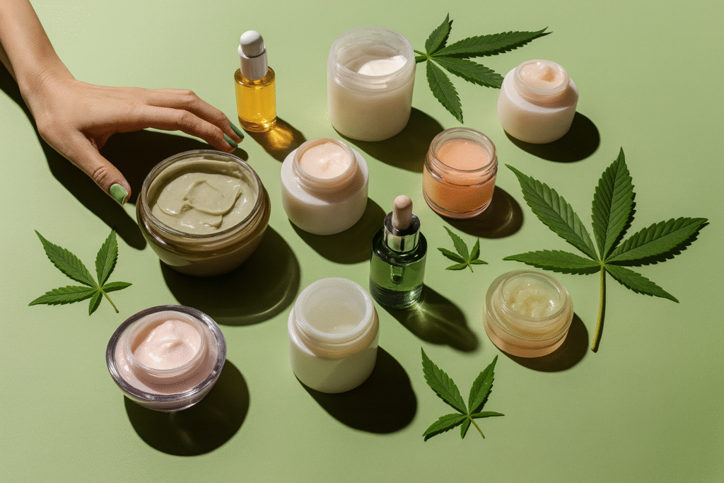 Cosméticos de CBD tópicos para cuidados com a pele, hidratação intensa e ação anti-inflamatória.