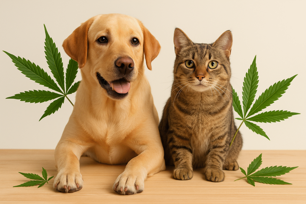 Cão e gato com folhas de cannabis ao fundo, representando o uso veterinário do CBD em animais de estimação.